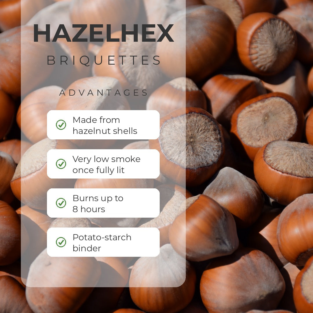 HazelHex briquettes advantages: made from hazelnut shells, very low smoke once fully lit, burns up to 8 hours, potato-starch binder