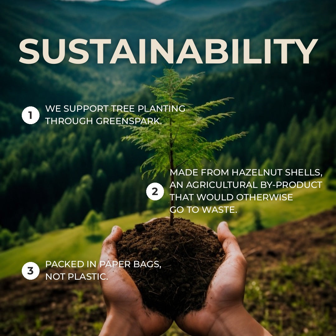 HazelHex sustainability: tree planting through Greenspark, made from hazelnut shells that would otherwise go to waste, packed in paper bags