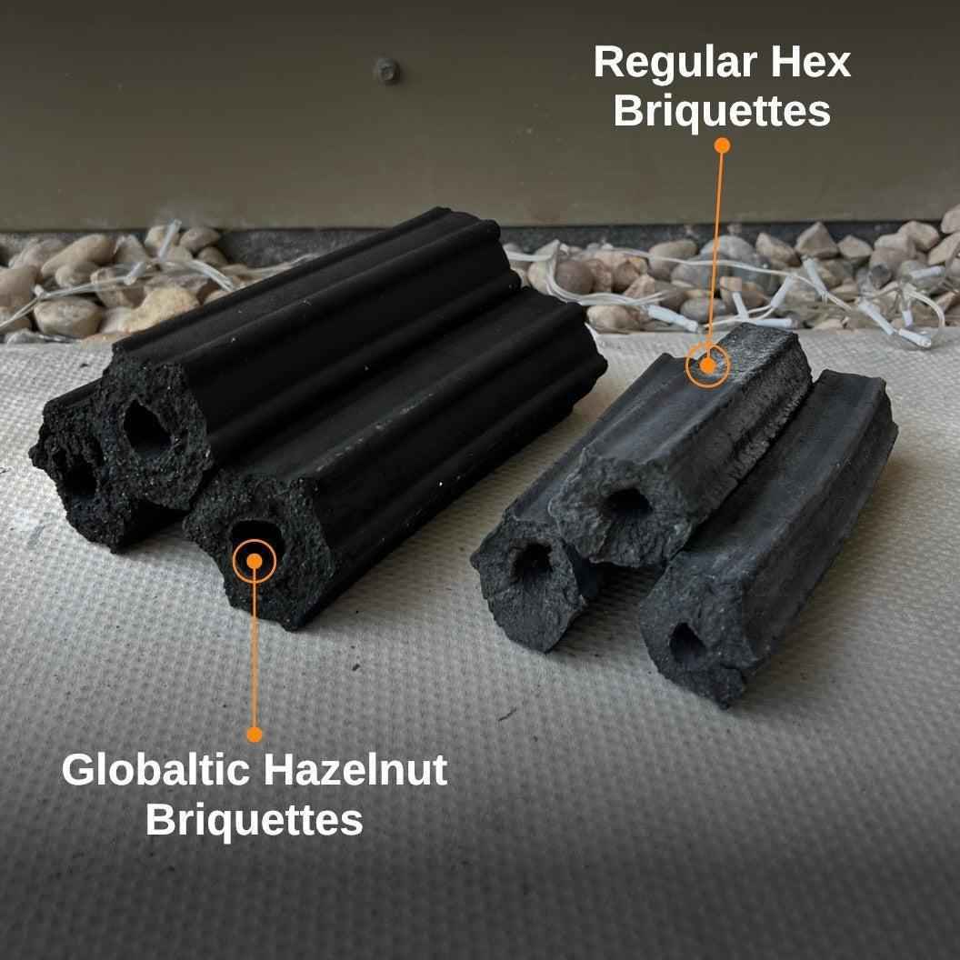 Globaltic HazelHex hazelnut-shell briquettes next to hexagonal briquettes, showing hollow centres