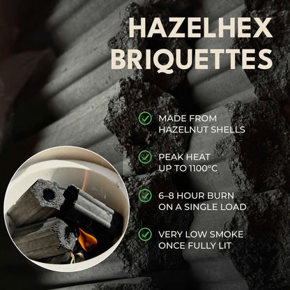 HazelHex briquettes: made from hazelnut shells, peak heat up to 1100°C, 6–8 hour burn on a single load, very low smoke once fully lit