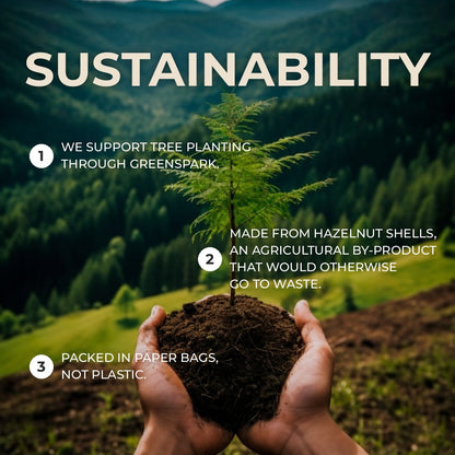 HazelHex sustainability: tree planting through Greenspark, made from hazelnut shells that would otherwise go to waste, packed in paper bags